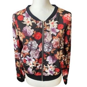 Michel | Womens Black with red and purple Floral print Bomber Jacket Size Medium